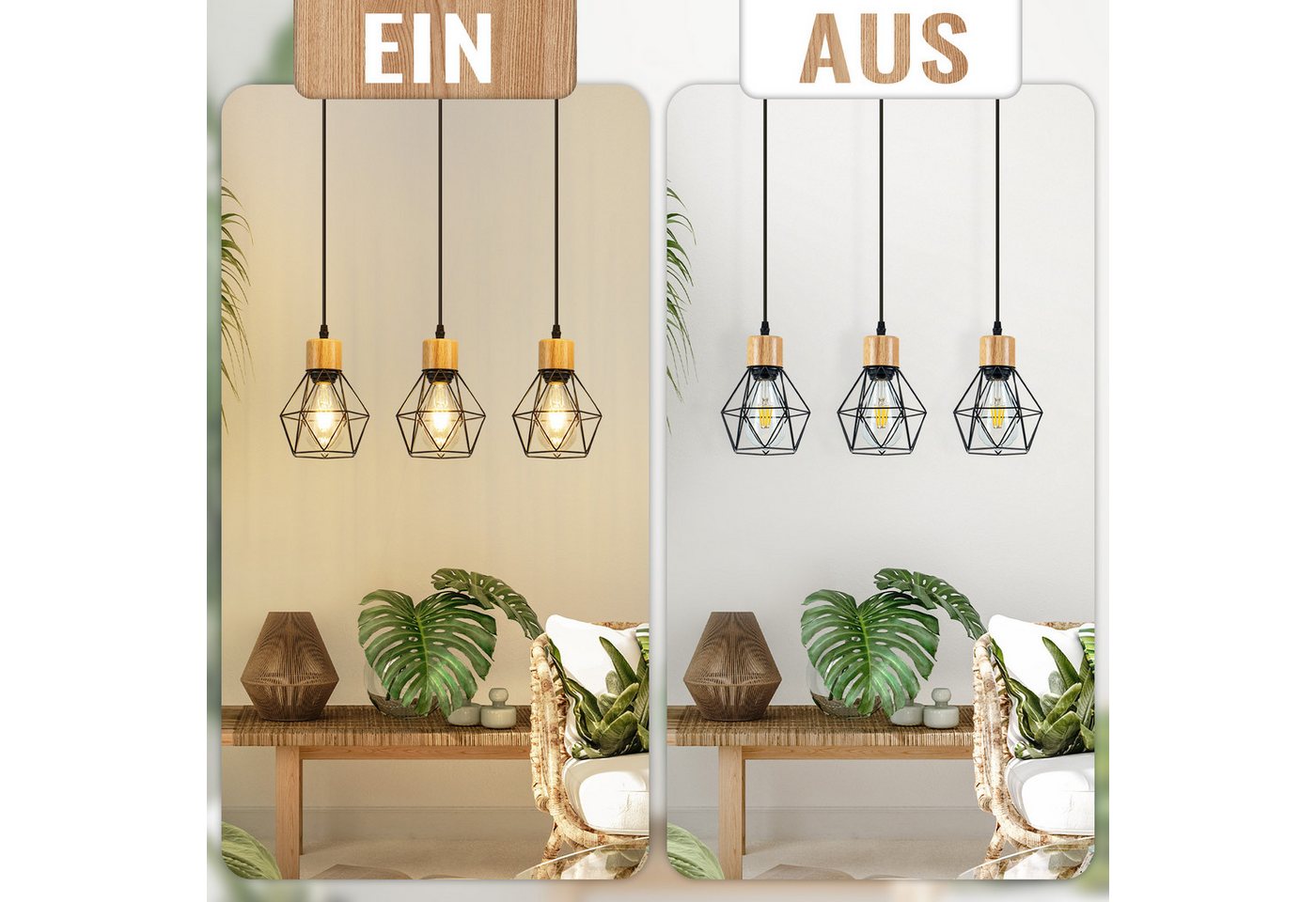 Nettlife Pendelleuchte Vintage Schwarz 3flammig Industrielle Eleganz aus Metall Holz E27, ohne Leuchtmittel, für Wohnzimmer Esszimmer Küche Schlafzimmer in Restaurants und Cafés Bild 5