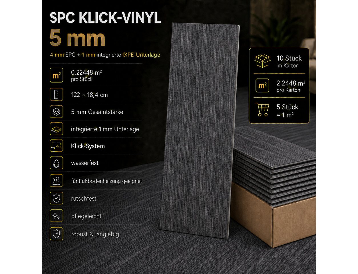 Berti Graf Vinyllaminat SPC Klick-Vinylboden 5 mm mit Trittschalldämmung in Textiloptik, Wasserfest, 4mm + 1mm, Bodenheizung Bild 4