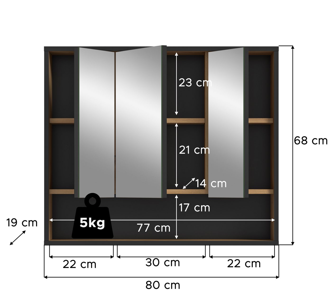 furnling Badezimmerspiegelschrank Benno 1 offenes Fach, 3 Spiegeltüren, Breite 80 cm, Badschrank, Badmöbel