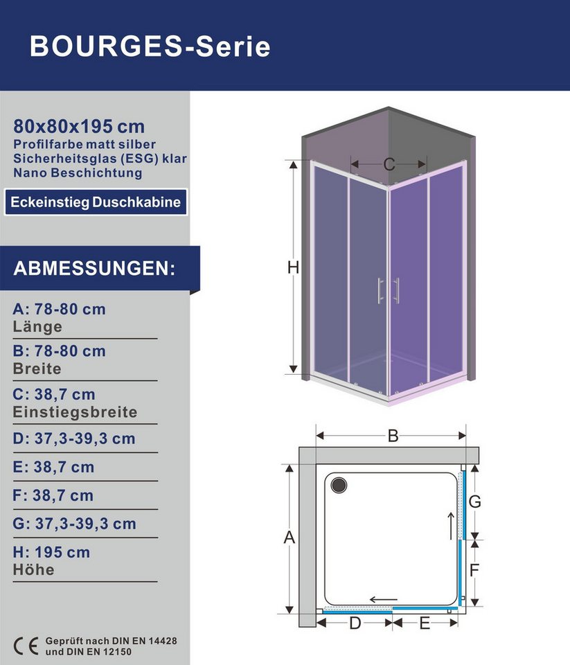 AQUALAVOS Eckdusche Duschkabine Eckeinstieg mit Schiebetüren Duschabtrennung 80×80 90×90cm, BxT: 80x80 cm, 5/6 mm Einscheiben-Sicherheitsglas mit Lotus-Effekt Nanobeschichtung, Edelstahl Türgriff 16 Türrollen Montage auf Duschwanne oder auf Boden
