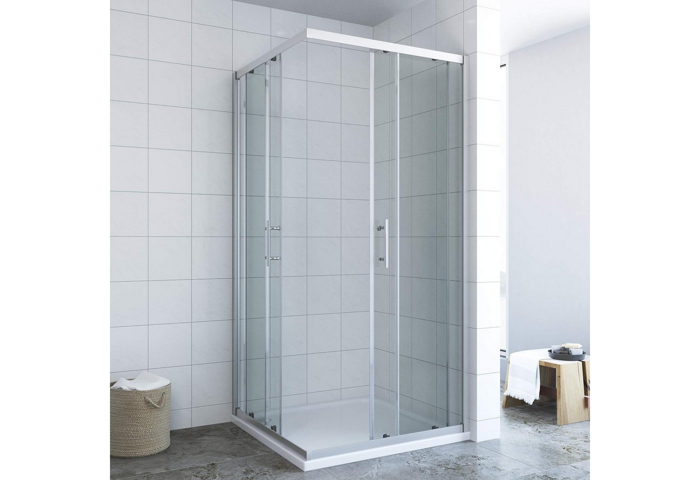 AQUALAVOS Eckdusche Duschkabine Eckeinstieg mit Schiebetüren Duschabtrennung 80×80 90×90cm, BxT: 80x80 cm, 5/6 mm Einscheiben-Sicherheitsglas mit Lotus-Effekt Nanobeschichtung, Edelstahl Türgriff 16 Türrollen Montage auf Duschwanne oder auf Boden Bild 2