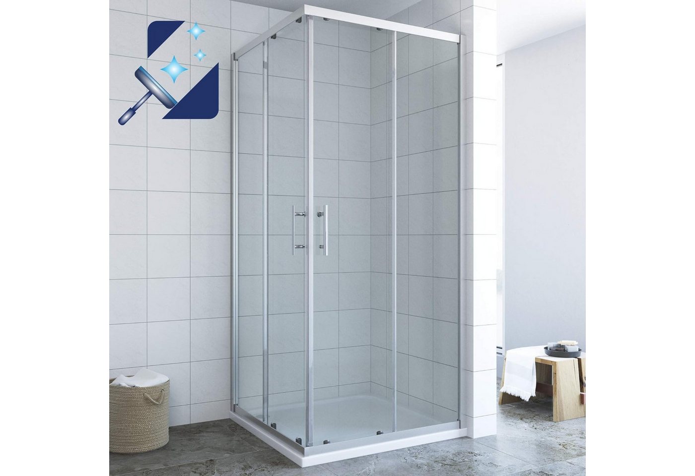 AQUALAVOS Eckdusche Duschkabine Eckeinstieg mit Schiebetüren Duschabtrennung 80×80 90×90cm, BxT: 80x80 cm, 5/6 mm Einscheiben-Sicherheitsglas mit Lotus-Effekt Nanobeschichtung, Edelstahl Türgriff 16 Türrollen Montage auf Duschwanne oder auf Boden Bild 3