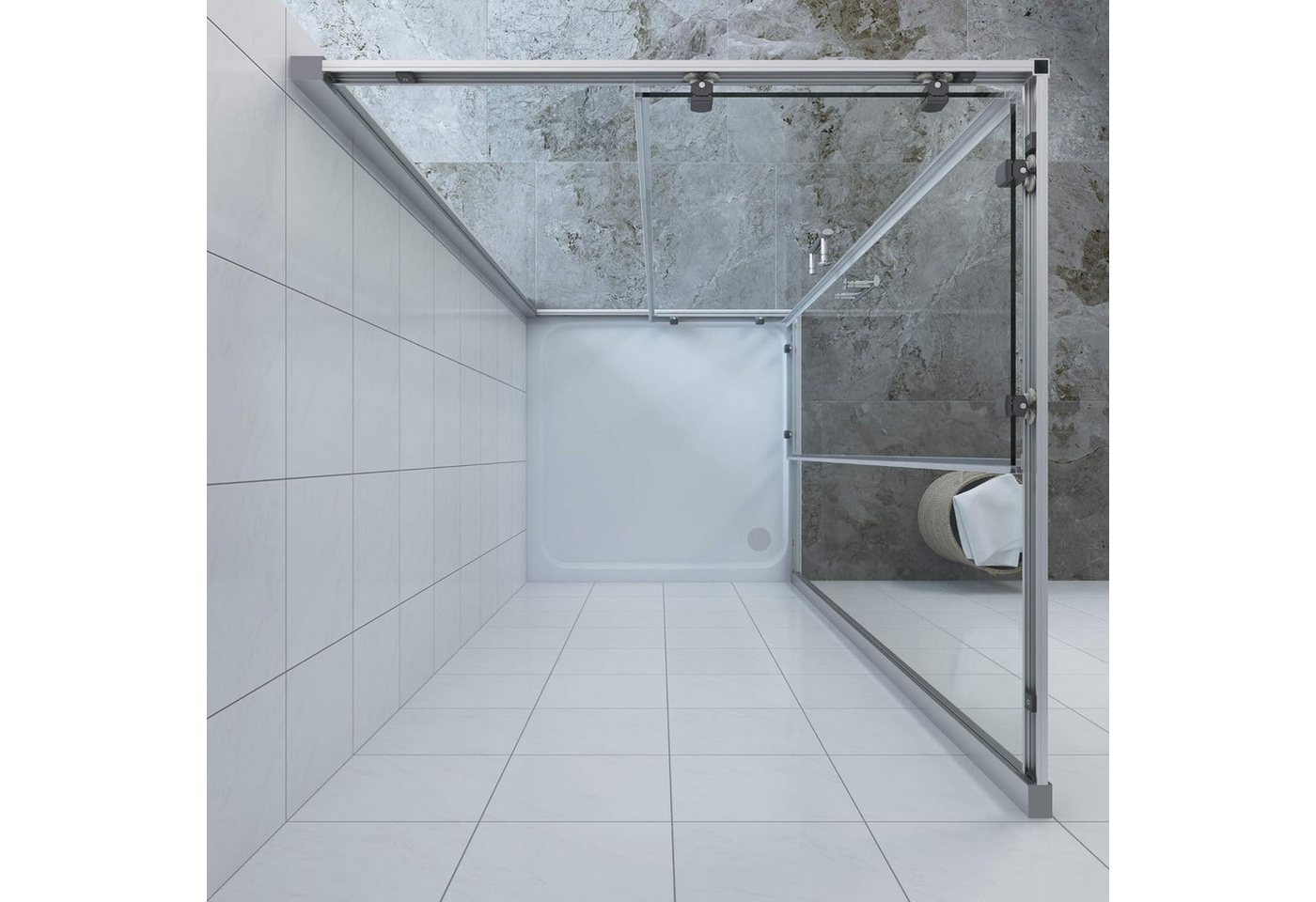 AQUALAVOS Eckdusche Duschkabine Eckeinstieg mit Schiebetüren Duschabtrennung 80×80 90×90cm, BxT: 80x80 cm, 5/6 mm Einscheiben-Sicherheitsglas mit Lotus-Effekt Nanobeschichtung, Edelstahl Türgriff 16 Türrollen Montage auf Duschwanne oder auf Boden Bild 4
