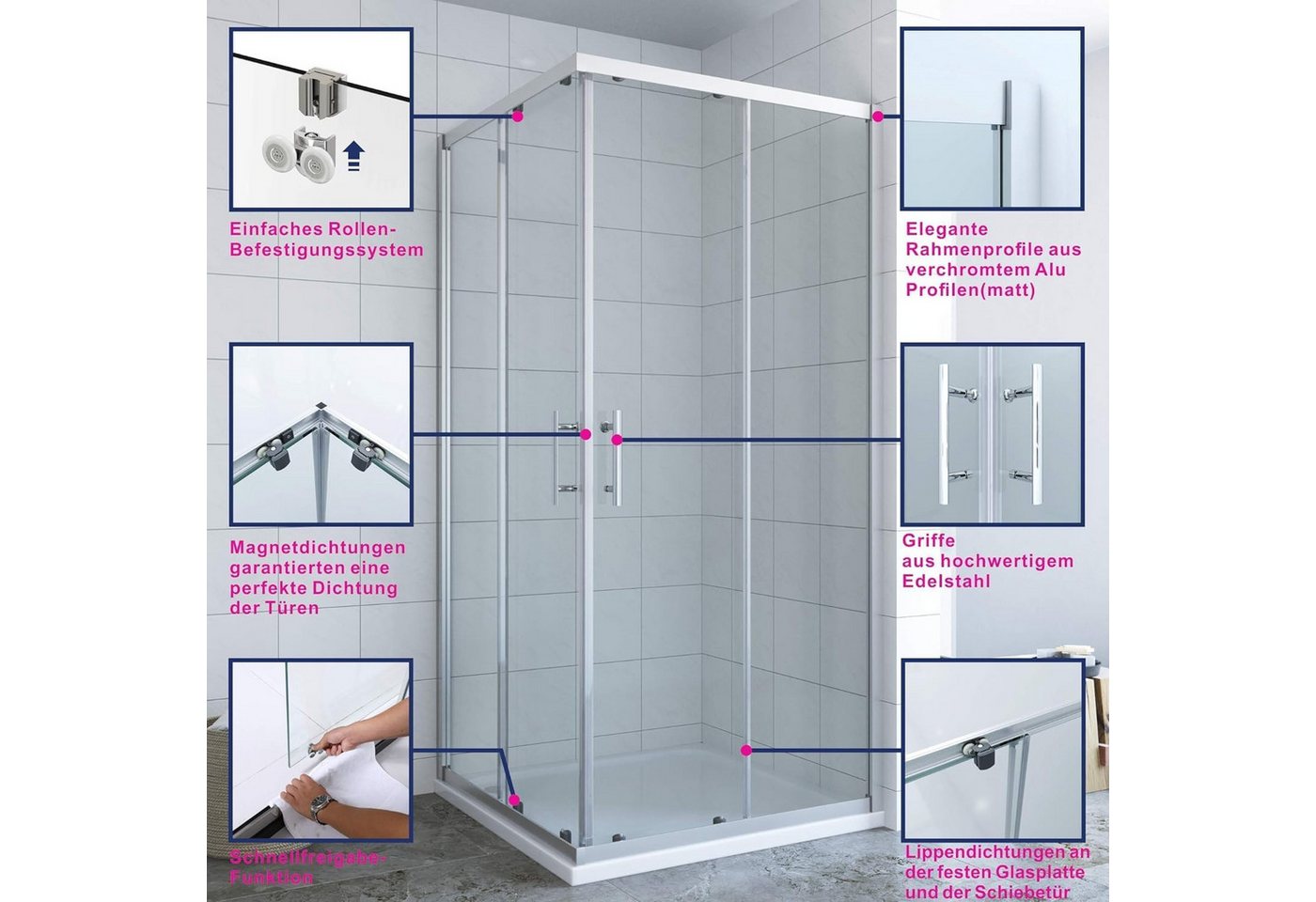 AQUALAVOS Eckdusche Duschkabine Eckeinstieg mit Schiebetüren Duschabtrennung 80×80 90×90cm, BxT: 80x80 cm, 5/6 mm Einscheiben-Sicherheitsglas mit Lotus-Effekt Nanobeschichtung, Edelstahl Türgriff 16 Türrollen Montage auf Duschwanne oder auf Boden Bild 5