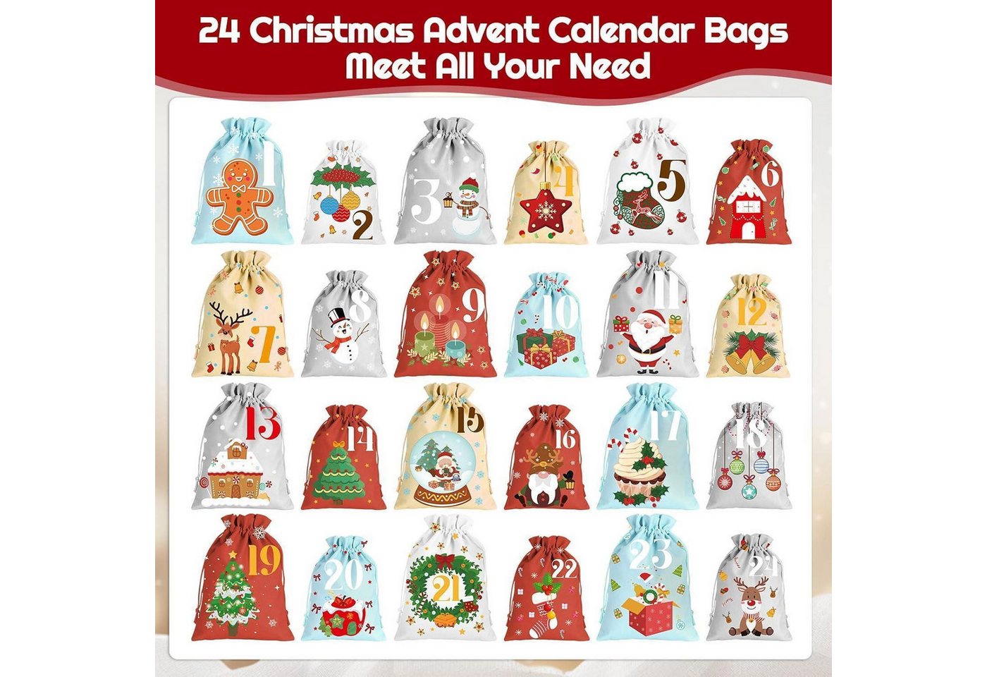 LuxusKollektion befüllbarer Adventskalender Adventskalender Befüllen 2025 Kinder 24 Tüten Rot Blau Beige Weiß Grau