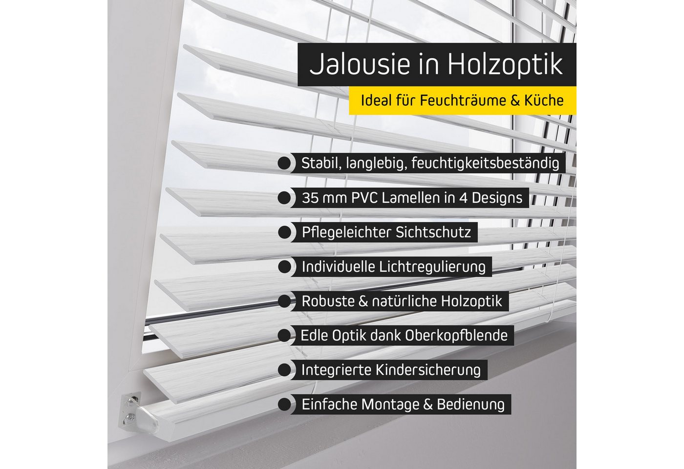 Victoria M. Jalousie KAYA Jalousie in Holzoptik 35 mm, 70x130 cm, weiß, mit Bohrenohne Bohren, freihängend, 35 mm, Individuelle Lichtregulierung Bild 2