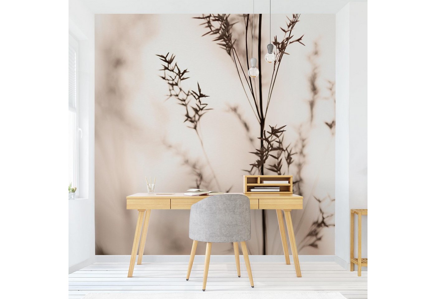 Bilderdepot24 Fototapete Blumen Elegantes Gras Schatten Blumentapete Floral Natur Modern Kunst, Glatt, Matt, (Vliestapete inkl. Kleister oder selbstklebend), Wohnzimmer Schlafzimmer Küche Flur Motivtapete Vliestapete Wandtapete