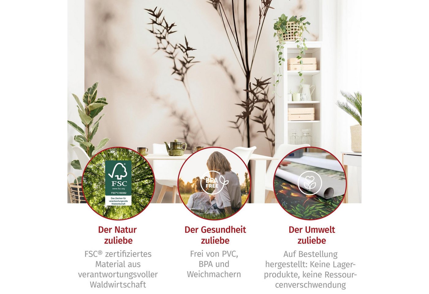 Bilderdepot24 Fototapete Blumen Elegantes Gras Schatten Blumentapete Floral Natur Modern Kunst, Glatt, Matt, (Vliestapete inkl. Kleister oder selbstklebend), Wohnzimmer Schlafzimmer Küche Flur Motivtapete Vliestapete Wandtapete Bild 2