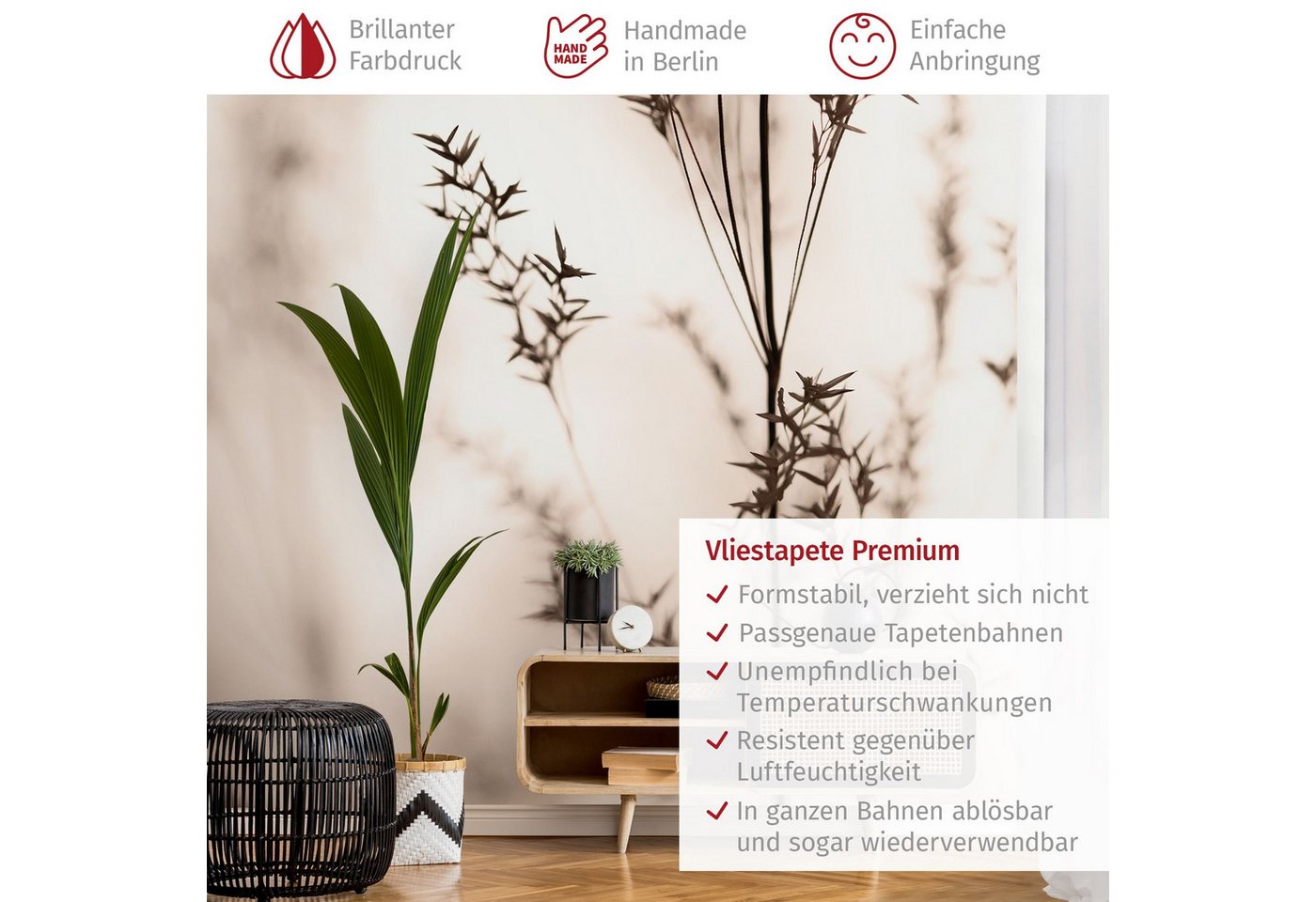 Bilderdepot24 Fototapete Blumen Elegantes Gras Schatten Blumentapete Floral Natur Modern Kunst, Glatt, Matt, (Vliestapete inkl. Kleister oder selbstklebend), Wohnzimmer Schlafzimmer Küche Flur Motivtapete Vliestapete Wandtapete Bild 5