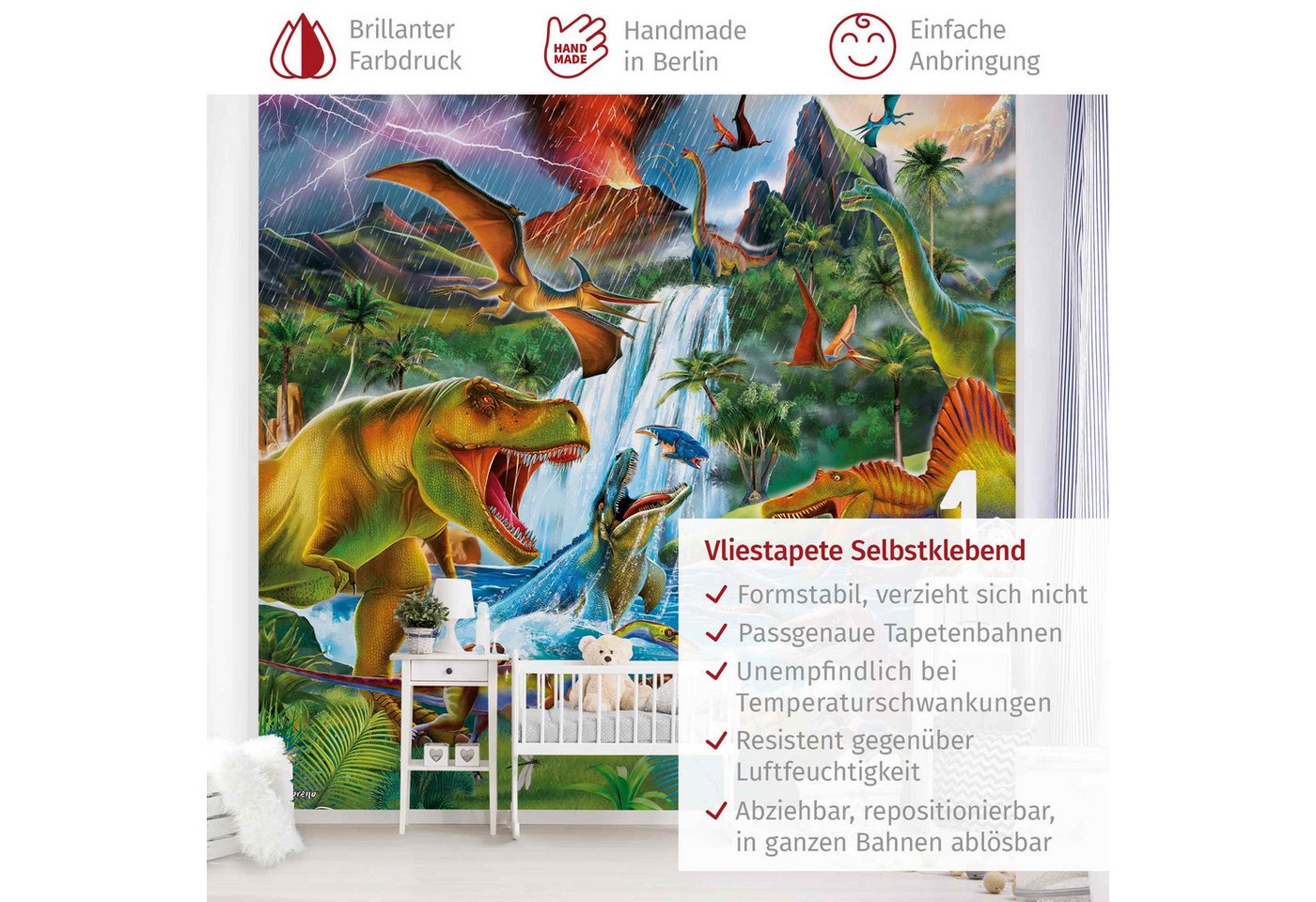 Bilderdepot24 Kindertapete Kinderzimmer Dinosaurier Urzeitgewitter Kinder Wanddeko T-Rex Bunt, Glatt, Matt, (Vliestapete inkl. Kleister oder selbstklebend), Mädchenzimmer Jungenzimmer Babyzimmer Bildtapete Fototapete Wandtapete Bild 3