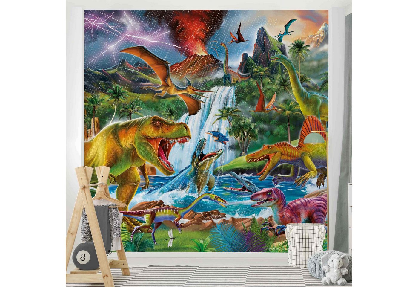 Bilderdepot24 Kindertapete Kinderzimmer Dinosaurier Urzeitgewitter Kinder Wanddeko T-Rex Bunt, Glatt, Matt, (Vliestapete inkl. Kleister oder selbstklebend), Mädchenzimmer Jungenzimmer Babyzimmer Bildtapete Fototapete Wandtapete Bild 5