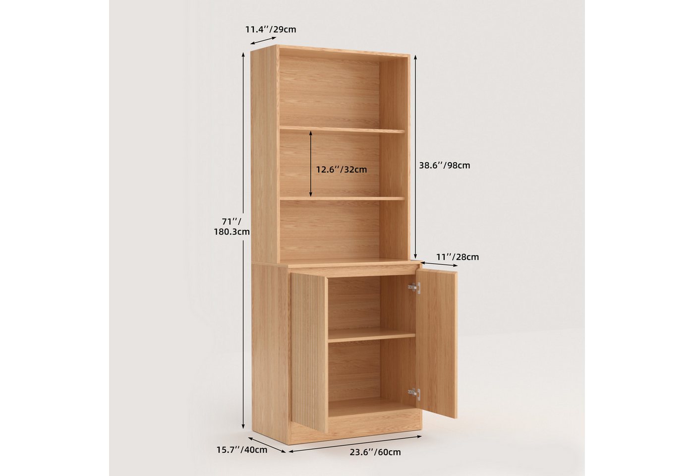 VOWNER Bücherregal 5-stöckig mit 2 Holztüren, 180 cm hoher Standregal mit offenen Fächern, 1-tlg., Mehrzweckschrank, Wohnzimmerschrank, Küchenregal, Sideboard