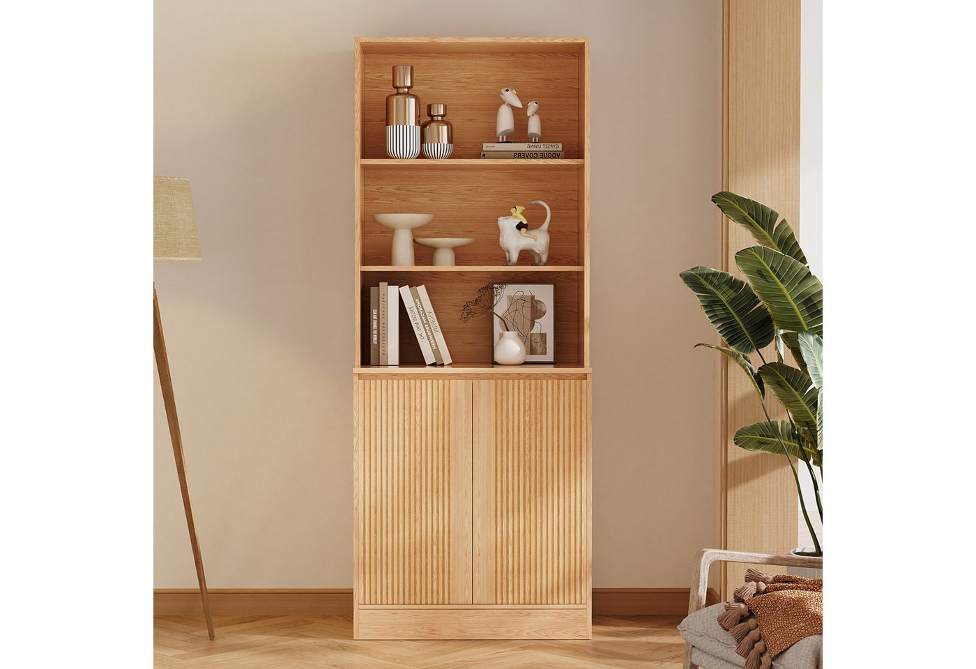 VOWNER Bücherregal 5-stöckig mit 2 Holztüren, 180 cm hoher Standregal mit offenen Fächern, 1-tlg., Mehrzweckschrank, Wohnzimmerschrank, Küchenregal, Sideboard Bild 3