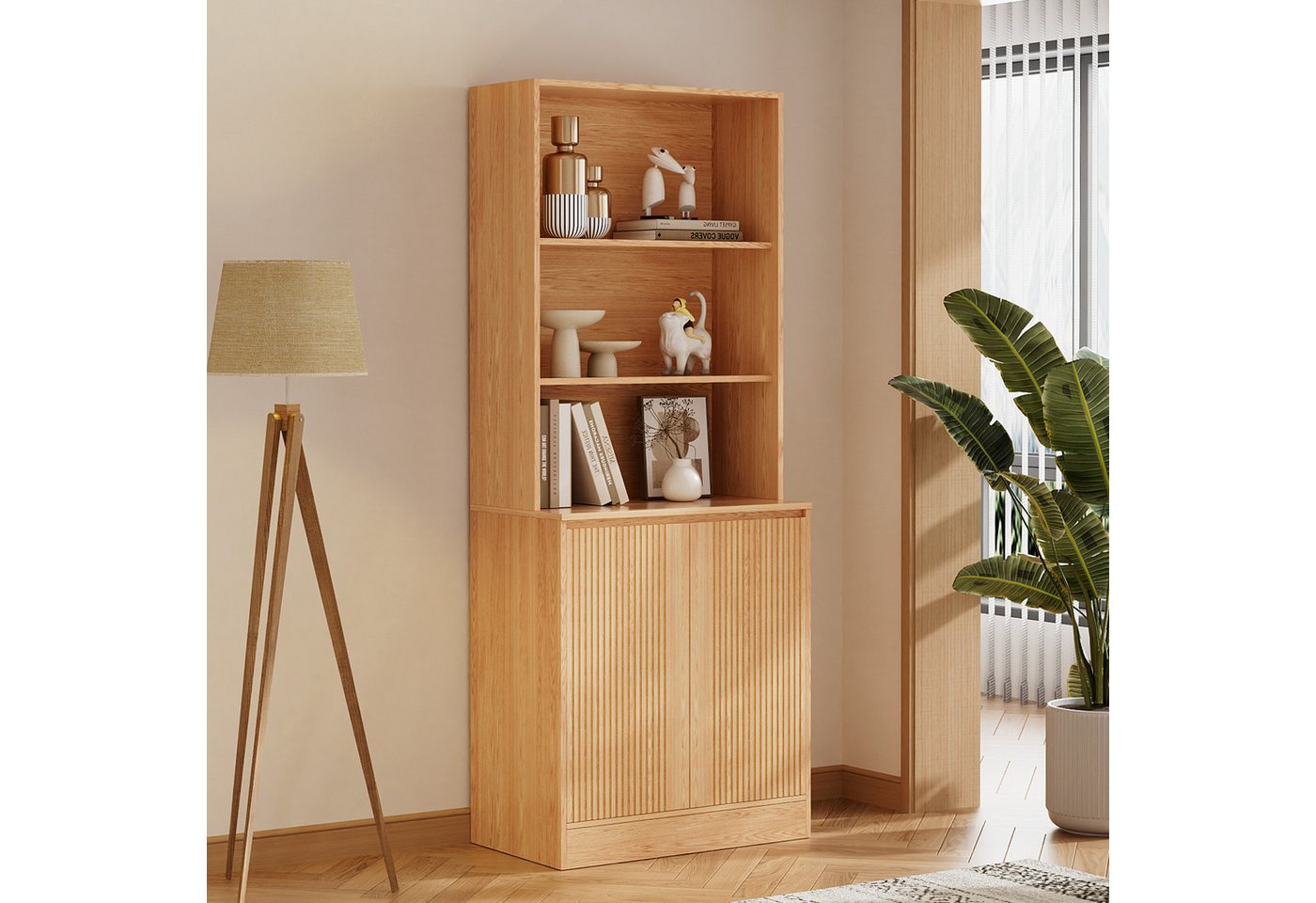 VOWNER Bücherregal 5-stöckig mit 2 Holztüren, 180 cm hoher Standregal mit offenen Fächern, 1-tlg., Mehrzweckschrank, Wohnzimmerschrank, Küchenregal, Sideboard Bild 4