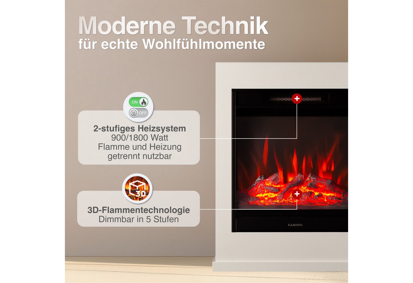 KAMINIO Elektrokamin KALLE, Elektrischer Kamin mit 3D-Flammeneffekt, Heizung 1800W Bild 2
