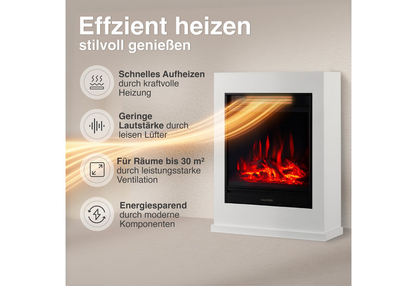 KAMINIO Elektrokamin KALLE, Elektrischer Kamin mit 3D-Flammeneffekt, Heizung 1800W Bild 3