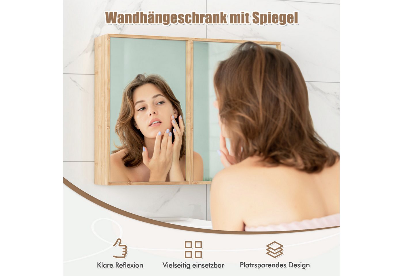 COSTWAY Spiegelschrank Bambus, mit 2 Türen, 2 verstellbaren Regalen, 65cm