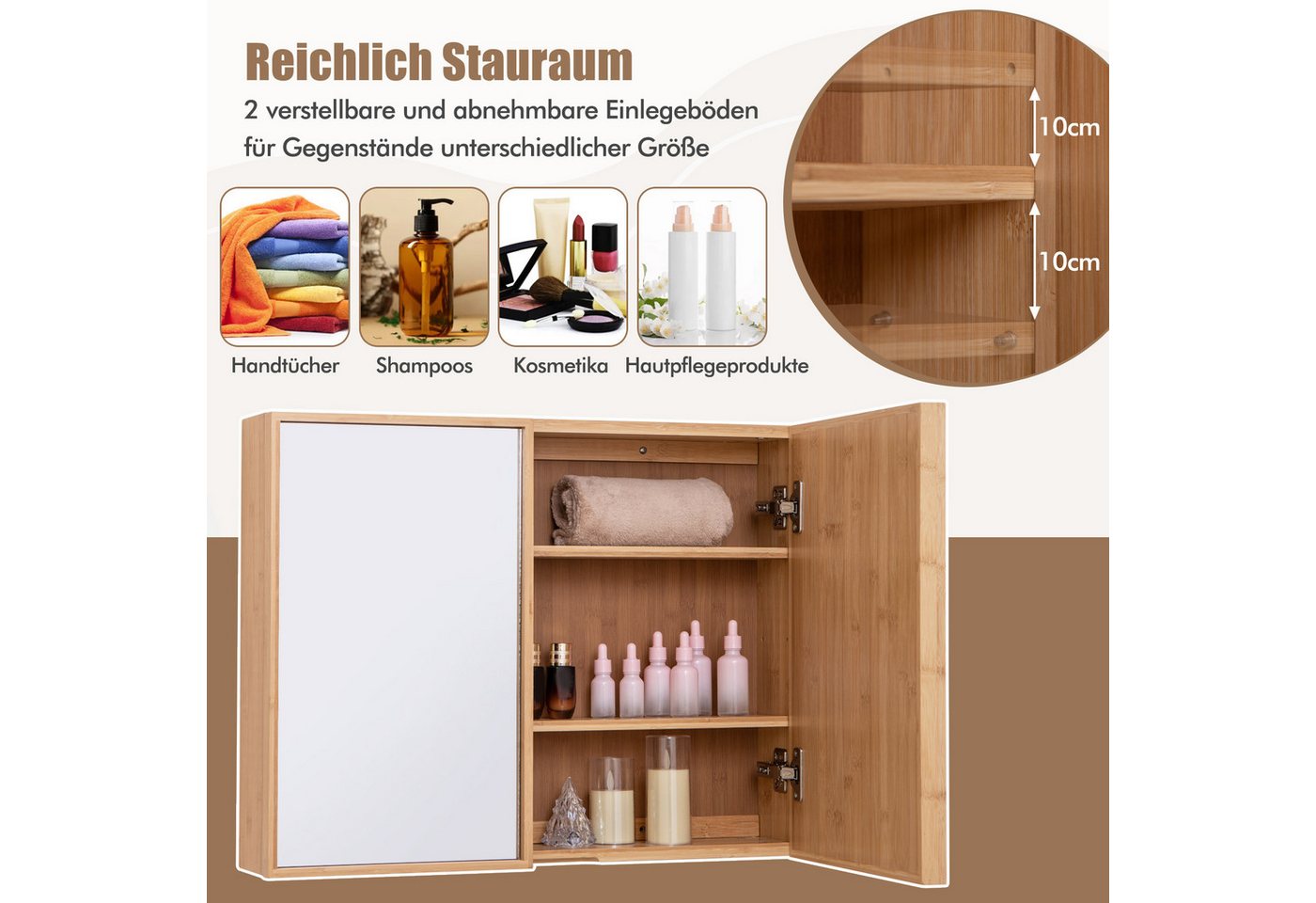 COSTWAY Spiegelschrank Bambus, mit 2 Türen, 2 verstellbaren Regalen, 65cm Bild 2