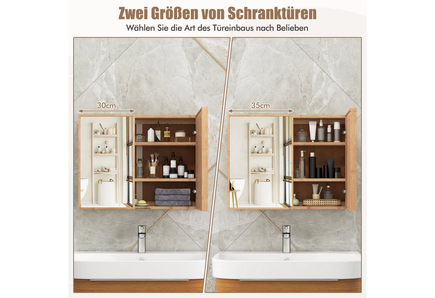 COSTWAY Spiegelschrank Bambus, mit 2 Türen, 2 verstellbaren Regalen, 65cm Bild 3