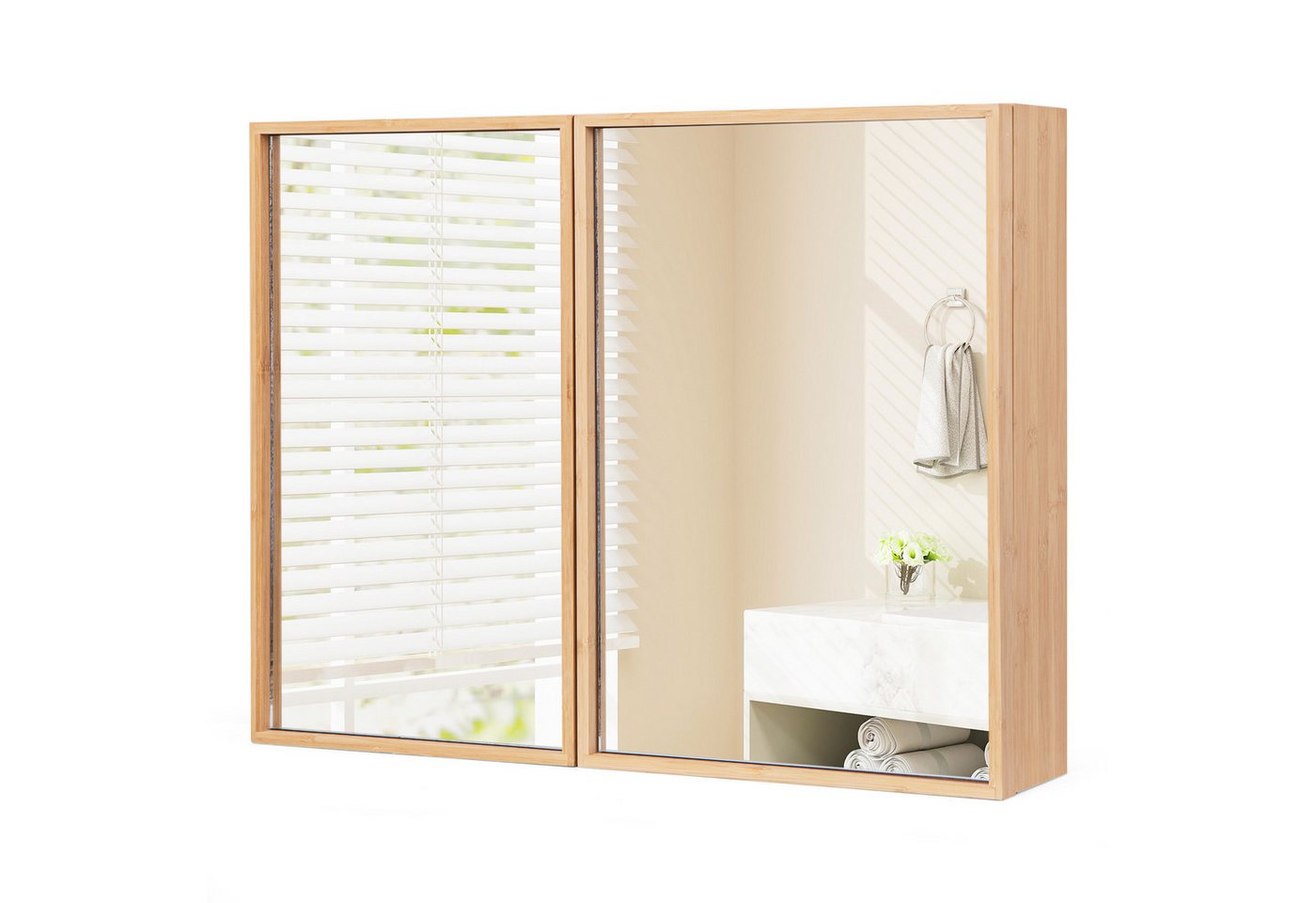 COSTWAY Spiegelschrank Bambus, mit 2 Türen, 2 verstellbaren Regalen, 65cm Bild 4