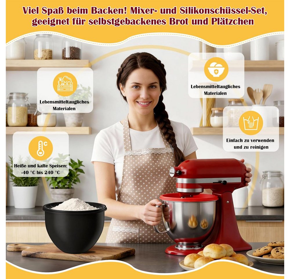 TUWENA Küchenmaschinenschüssel 2 Stück Silikoneinsatz mit Deckel-kompatibel mit KitchenAid 5Qt (4,8L), (2-tlg), Lebensmittelecht Schüssel-Einsatz, Kalt-Warm, Spülmaschinengeeignet Bild 3