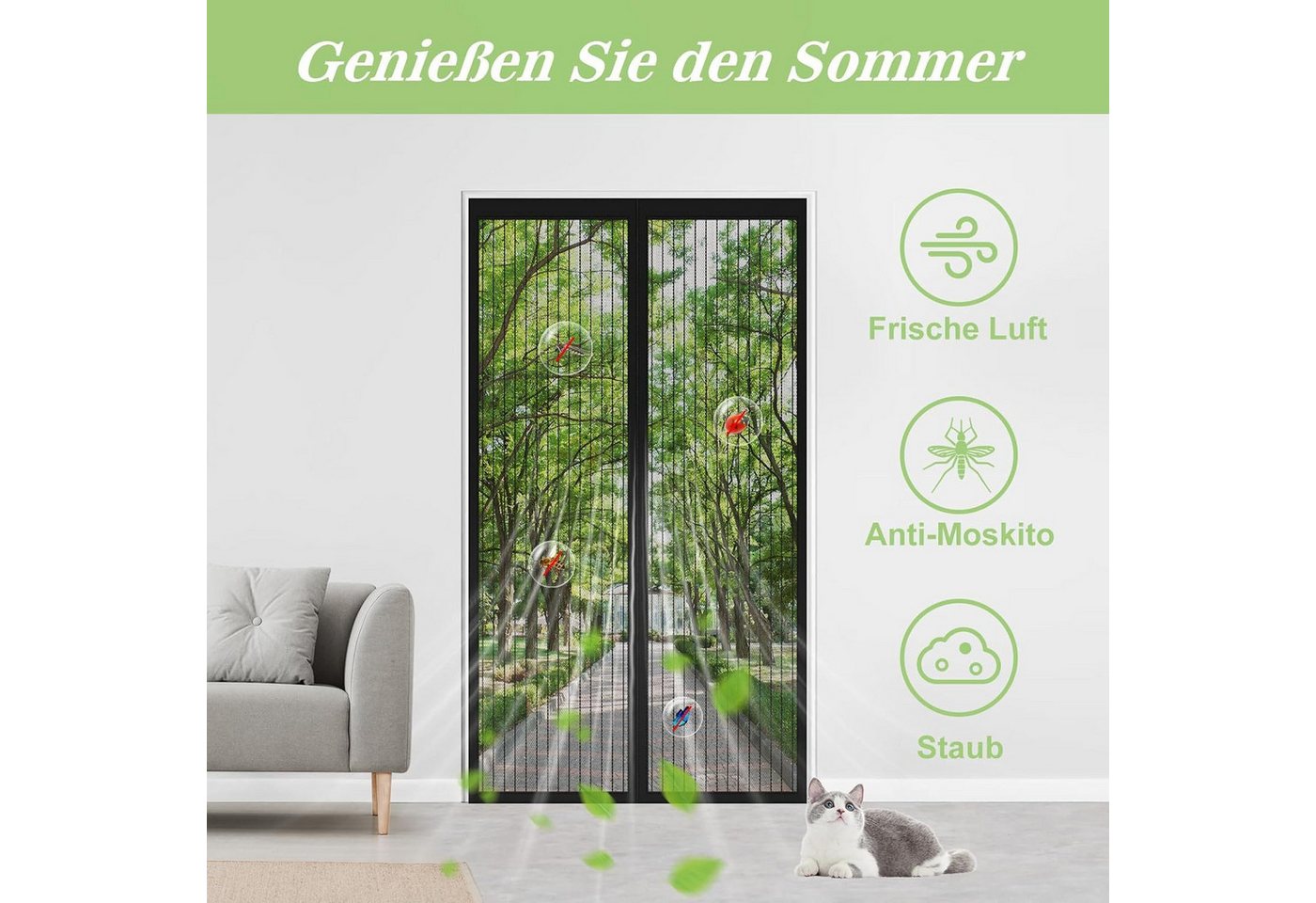 wohnTRAUM24 Insektenschutz-Vorhang Fliegengitter Balkontür,insektenschutz Tür Magnet, Fliegengitter Tür, (Fliegenvorhang Magnetisch 90x210CM, Moskitonetz Tür Ohne Bohren, Fliegenschutz Magentvorhang), für Balkontür und Terrassentür Kellertür Kinderleichte Klebemontage Bild 2