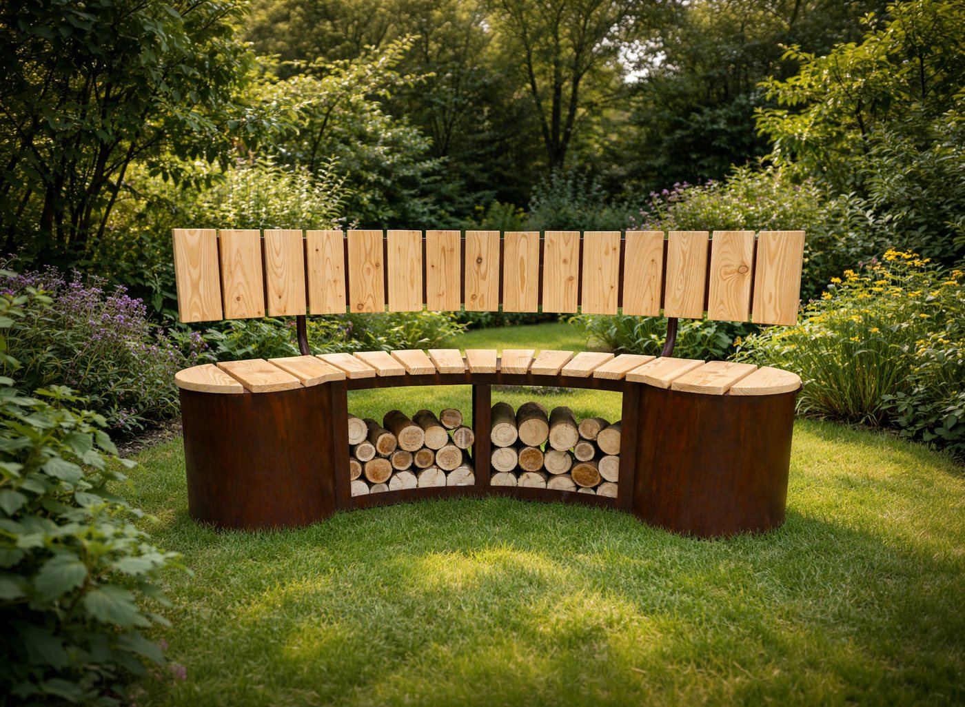 BADEKO Gartenbank Gartenbank Pforzheim aus Lärchenholz und Edelrost/Cortenstahl, Sitzfläche aus unbehandeltem Lärchenholz