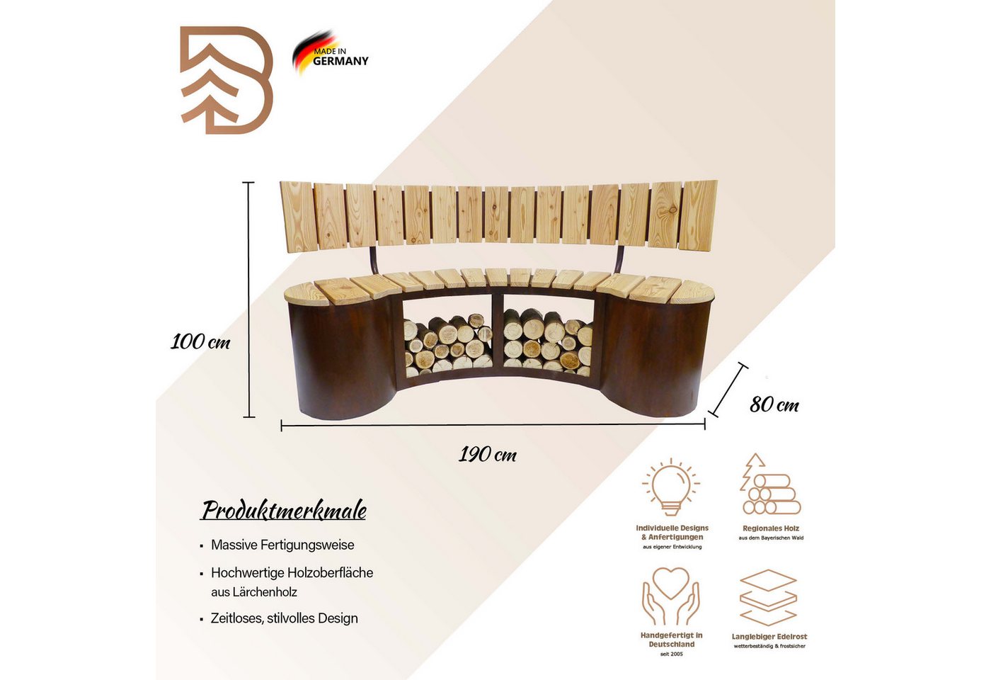 BADEKO Gartenbank Gartenbank Pforzheim aus Lärchenholz und Edelrost/Cortenstahl, Sitzfläche aus unbehandeltem Lärchenholz Bild 2