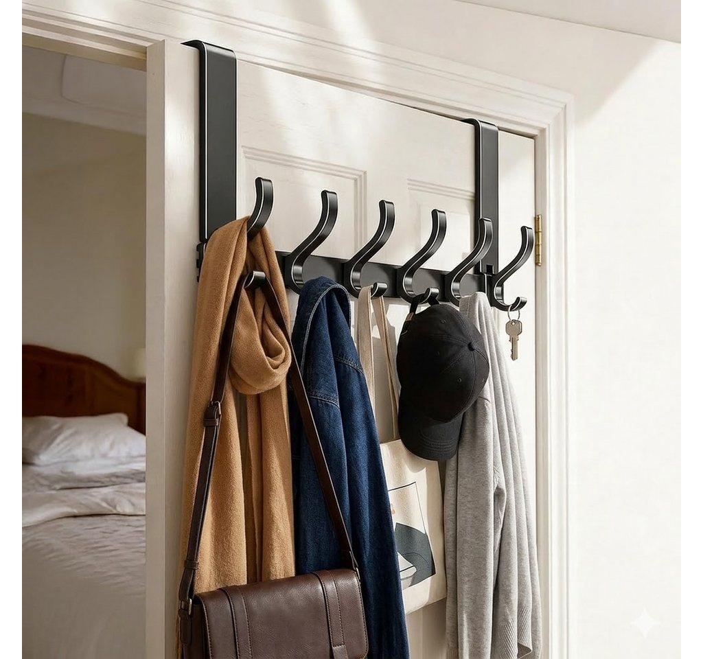 Fyrove Türhaken Türgarderobe zum Einhängen mit 6 Haken, ohne Bohren, Rostfrei, für Flur, Bad und Küche, Tür, Schlafzimmer, (Hakenleiste Bad, Türgarderobe, Ohne Bohren Türhaken, Platzsparende Türhaken, Türhaken zum Einhängen, 1-St, Arbeitszimmer, Kleiderhaken Tür, Handtuchhaken Tür, Türgarderobe), Robust & Langlebig, Vielseitig einsetzbar