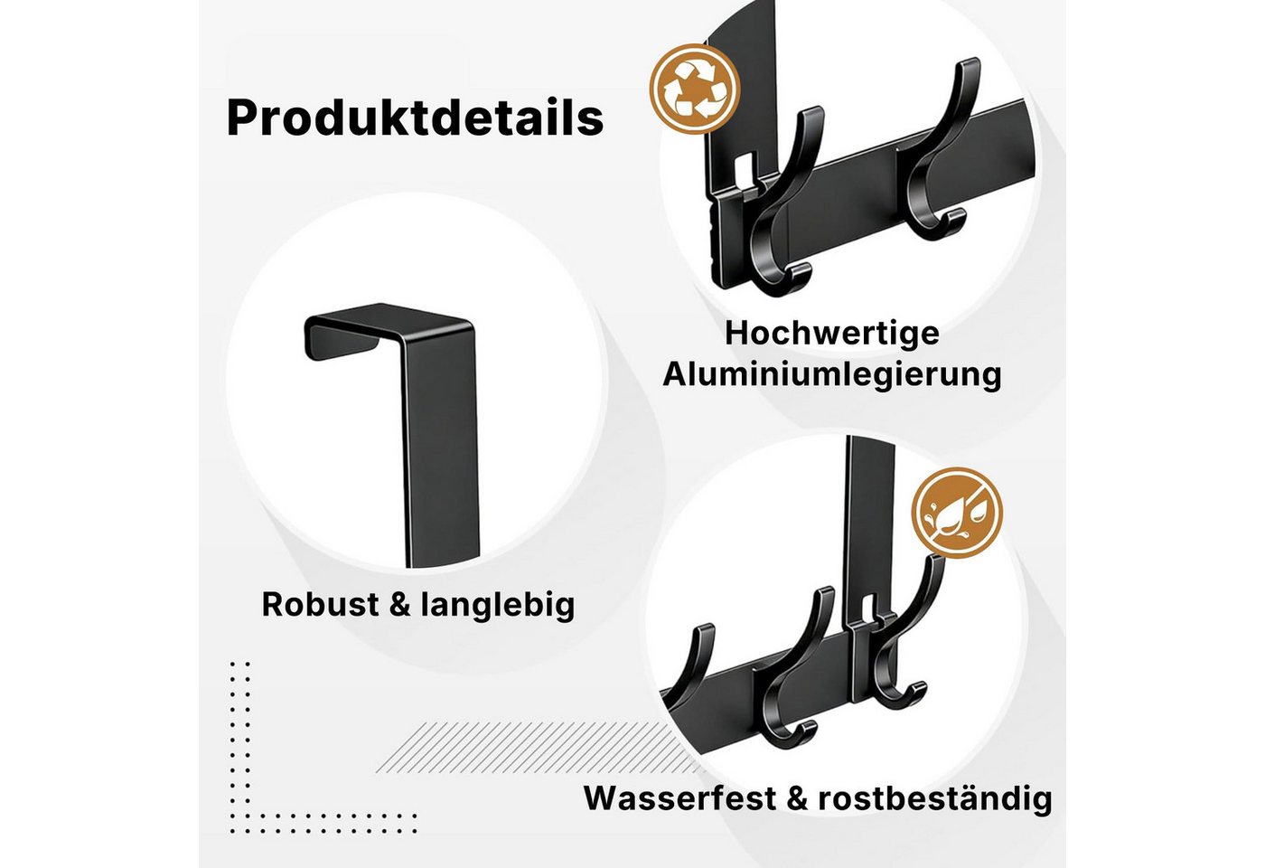 Fyrove Türhaken Türgarderobe zum Einhängen mit 6 Haken, ohne Bohren, Rostfrei, für Flur, Bad und Küche, Tür, Schlafzimmer, (Hakenleiste Bad, Türgarderobe, Ohne Bohren Türhaken, Platzsparende Türhaken, Türhaken zum Einhängen, 1-St, Arbeitszimmer, Kleiderhaken Tür, Handtuchhaken Tür, Türgarderobe), Robust & Langlebig, Vielseitig einsetzbar Bild 4
