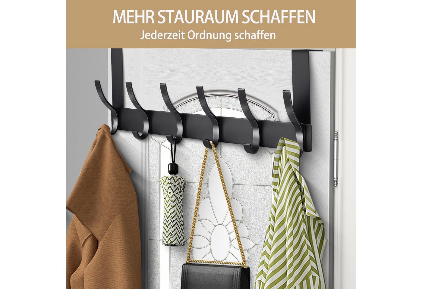 Fyrove Türhaken Türgarderobe zum Einhängen mit 6 Haken, ohne Bohren, Rostfrei, für Flur, Bad und Küche, Tür, Schlafzimmer, (Hakenleiste Bad, Türgarderobe, Ohne Bohren Türhaken, Platzsparende Türhaken, Türhaken zum Einhängen, 1-St, Arbeitszimmer, Kleiderhaken Tür, Handtuchhaken Tür, Türgarderobe), Robust & Langlebig, Vielseitig einsetzbar Bild 5