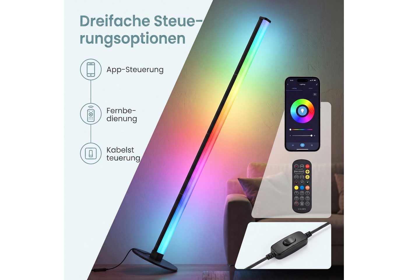 VASAGLE Stehlampe LED Wohnzimmer, Lampe Schlafzimmer, 18 x 18 x 139,4 cm, RGB, Moderne Deko Lampe mit App-Steuerung und Musik-Sync