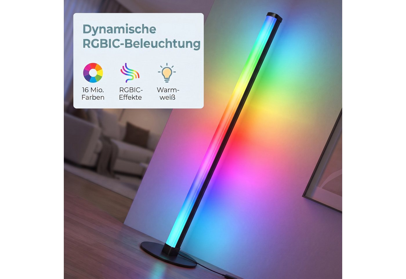 VASAGLE Stehlampe LED Wohnzimmer, Lampe Schlafzimmer, 18 x 18 x 139,4 cm, RGB, Moderne Deko Lampe mit App-Steuerung und Musik-Sync Bild 3