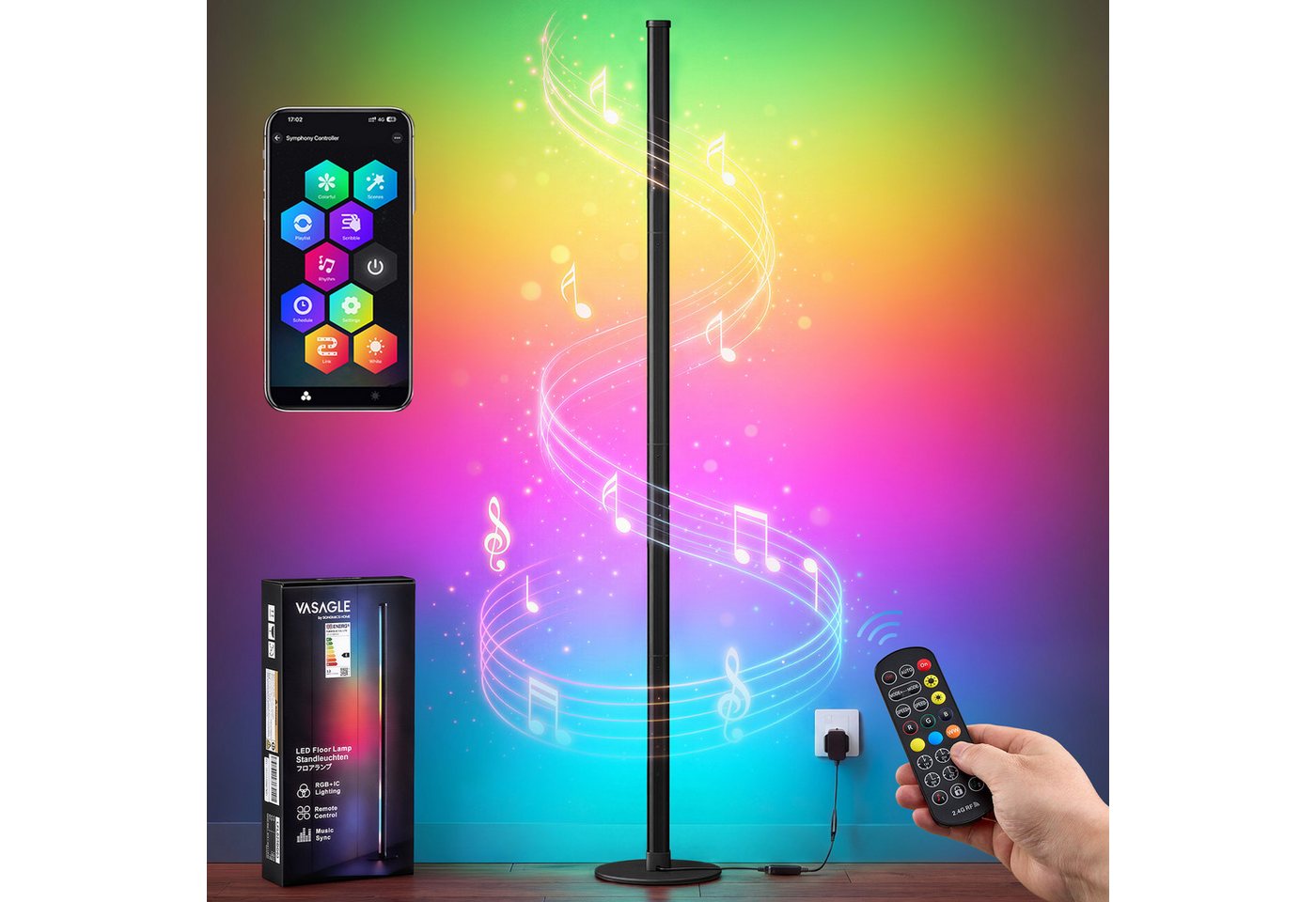 VASAGLE Stehlampe LED Wohnzimmer, Lampe Schlafzimmer, 18 x 18 x 139,4 cm, RGB, Moderne Deko Lampe mit App-Steuerung und Musik-Sync Bild 5