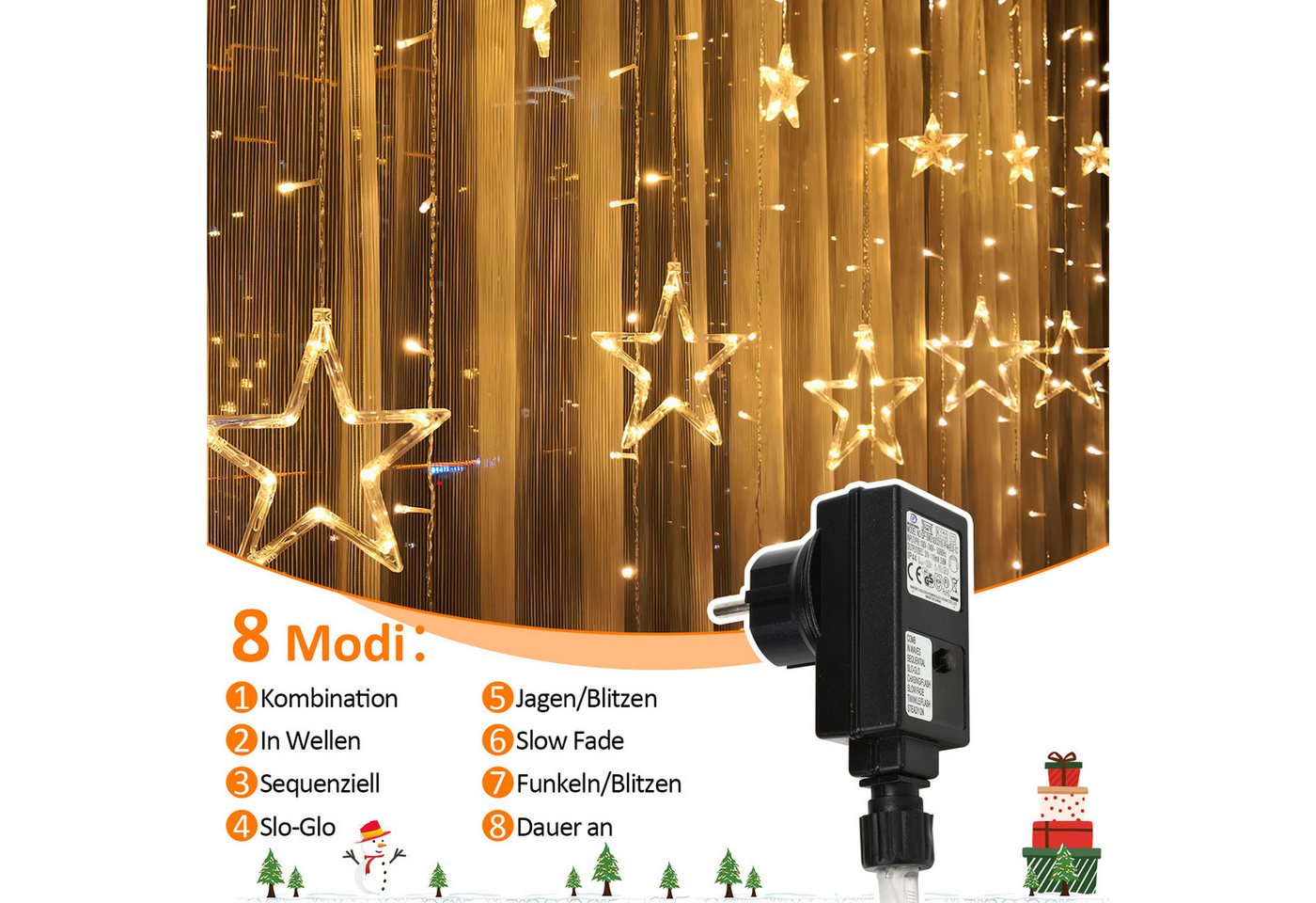 Clanmacy LED-Lichterkette 138 LED Lichterkette Sterne Lichtervorhang Außen Innen Weihnachtsdeko, 138-flammig