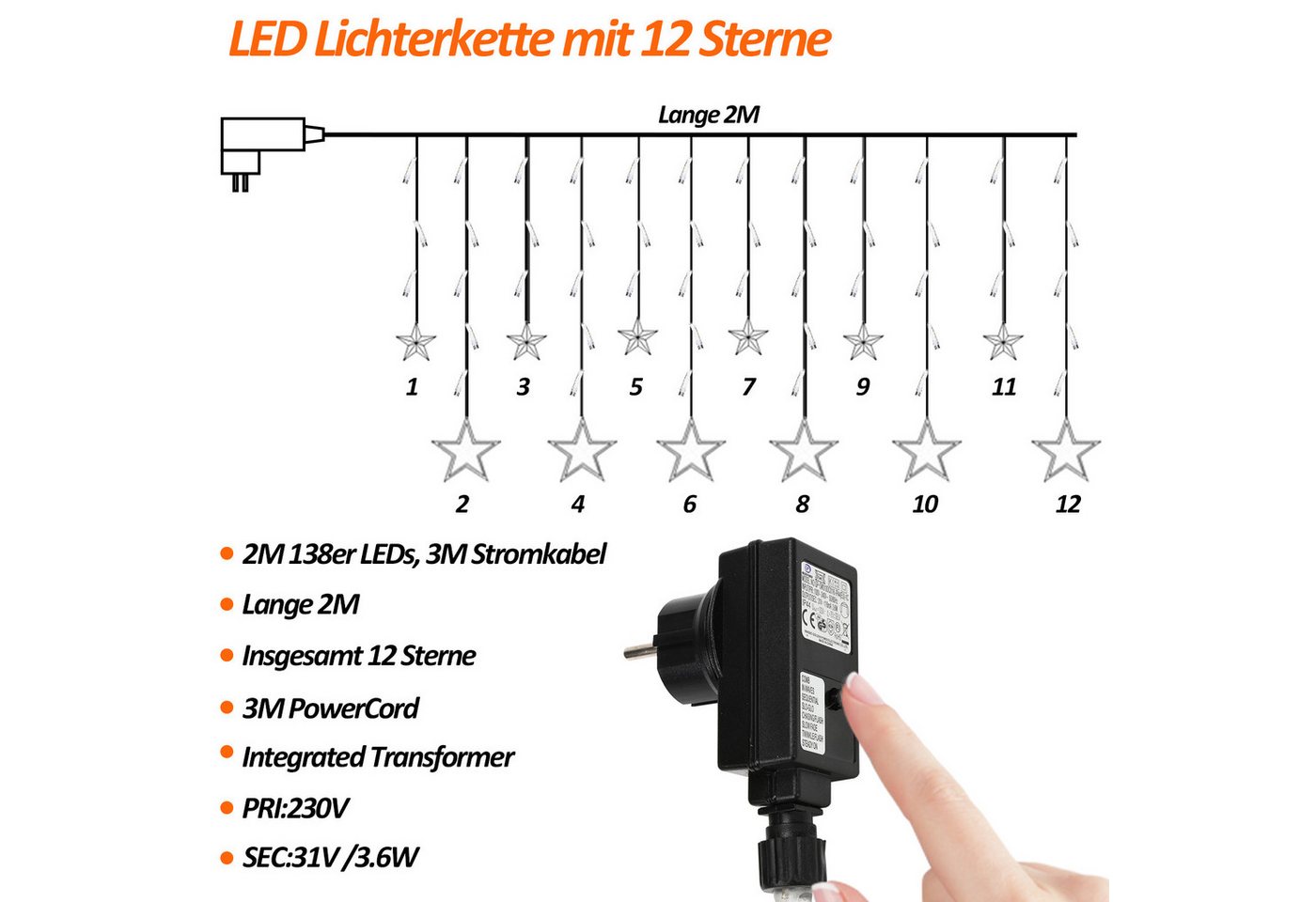 Clanmacy LED-Lichterkette 138 LED Lichterkette Sterne Lichtervorhang Außen Innen Weihnachtsdeko, 138-flammig Bild 2
