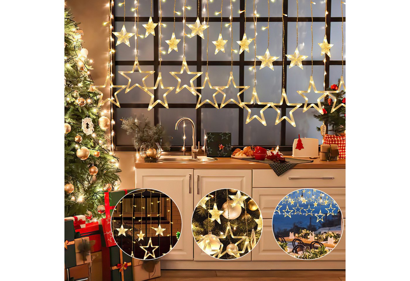 Clanmacy LED-Lichterkette 138 LED Lichterkette Sterne Lichtervorhang Außen Innen Weihnachtsdeko, 138-flammig Bild 3