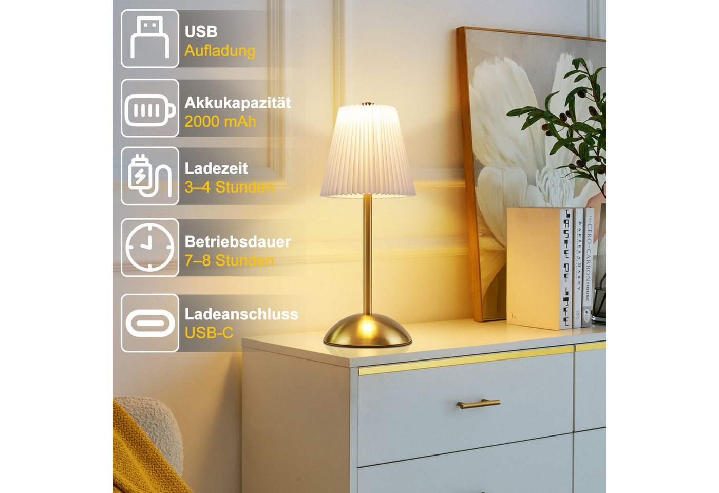 Nettlife LED Tischleuchte 2er Akku Stoff Schwarz/Grün/Weiß/Orange/Graublau Nachttischleuchte, 3 Lichtfarben Akku-Betrieb USB-ladbar, Schlafzimmer Wohnzimmer Arbeitszimmer Büros Eingangsbereiche Bild 2
