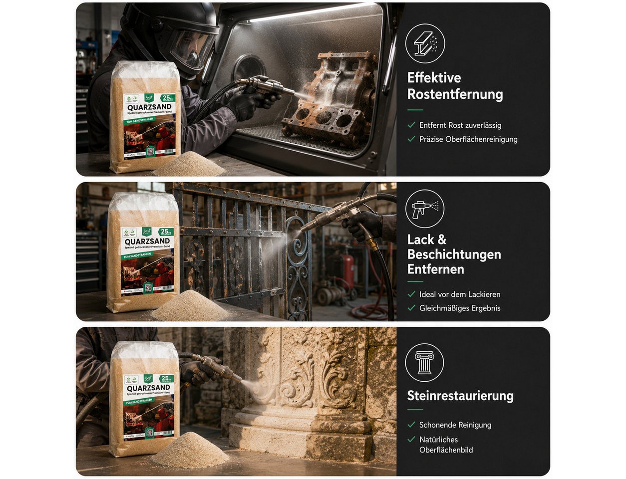 Best for Home Sand Strahlsand 25 kg Sand zum Sandstrahlen Quarzsand Körnung (Einzelsack, 1-St., 25 kg Sack), hohe Abrasivität, industrietauglich