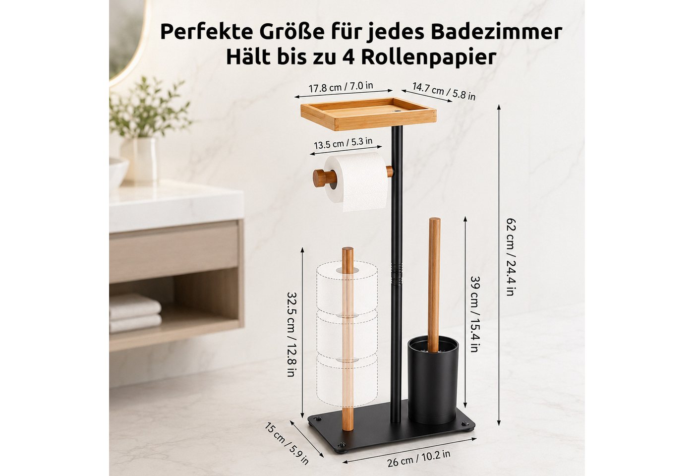 BlingBin Toilettenpapierhalter Stehender Toilettenpapierhalter aus Edelstahl mit oberer Ablage (1er Set, 1-St., 15 × 26 × 62 cm), Platz für 4 Ersatzrollen, ohne Bohren für Badezimmer und WC