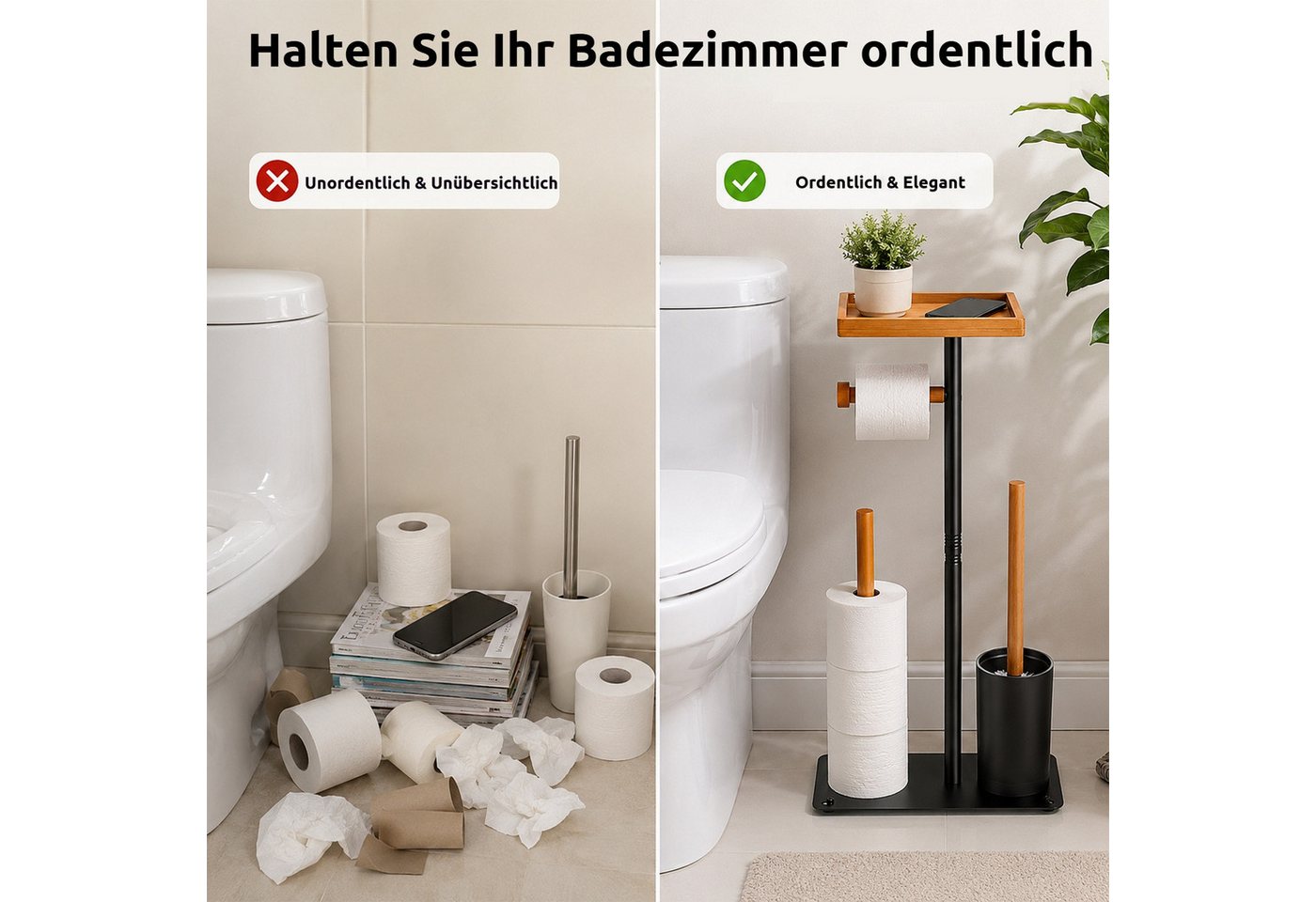 BlingBin Toilettenpapierhalter Stehender Toilettenpapierhalter aus Edelstahl mit oberer Ablage (1er Set, 1-St., 15 × 26 × 62 cm), Platz für 4 Ersatzrollen, ohne Bohren für Badezimmer und WC Bild 2
