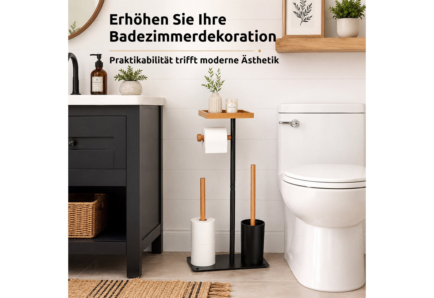 BlingBin Toilettenpapierhalter Stehender Toilettenpapierhalter aus Edelstahl mit oberer Ablage (1er Set, 1-St., 15 × 26 × 62 cm), Platz für 4 Ersatzrollen, ohne Bohren für Badezimmer und WC Bild 5