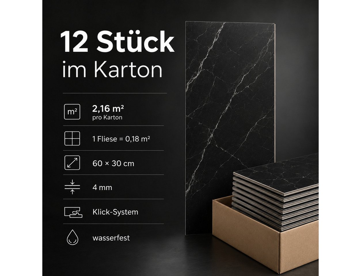 NoblesBox Designboden SPC Klick-Vinylboden 4 mm, 60 x 30 cm, Fliesen- und Steinoptik, wasserfest, antistatisch, pflegeleicht, kleberfrei, für Badezimmer Bild 4