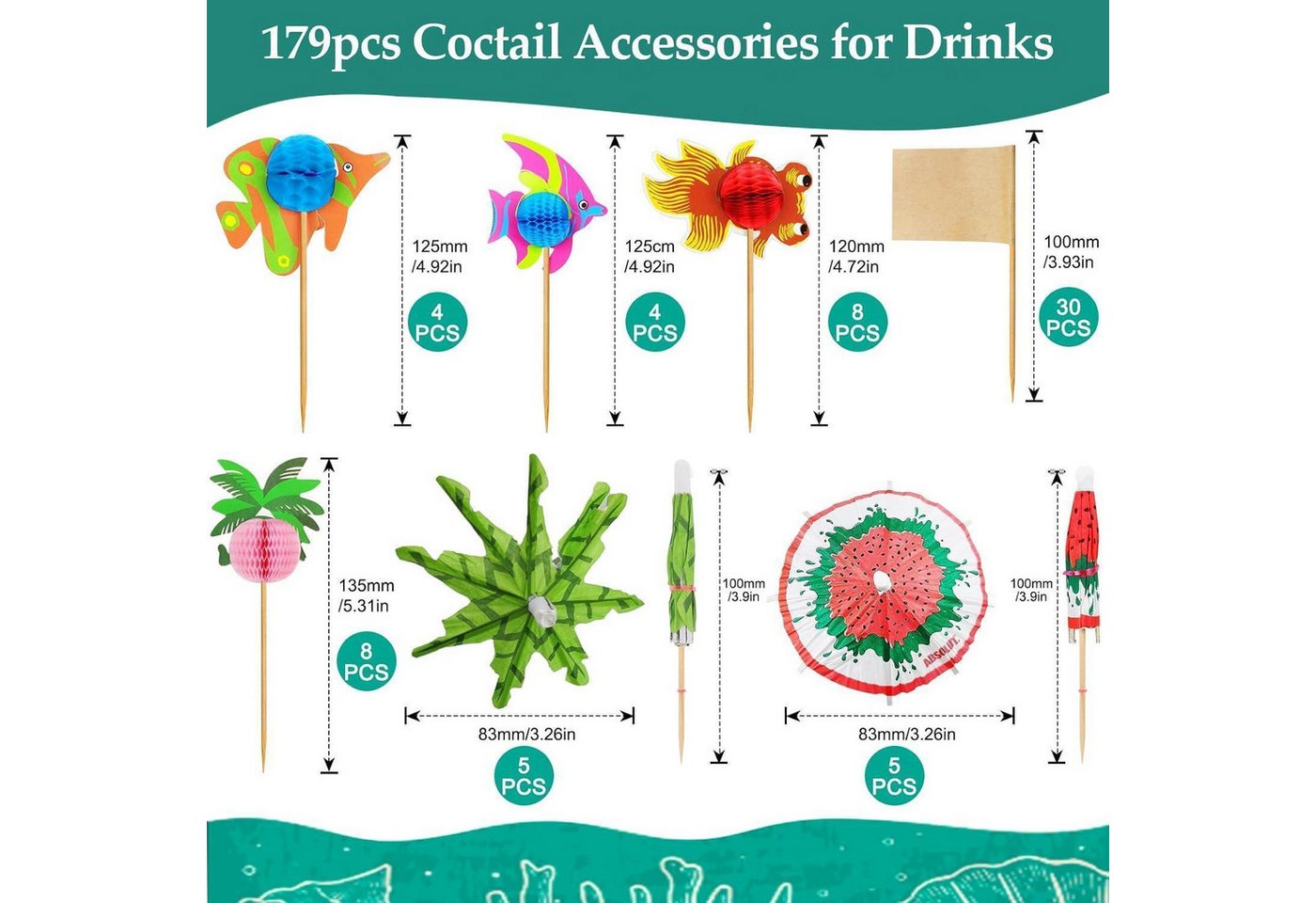 LuxusKollektion Partyspieße Cocktail Zubehör 179 Stück Cocktail Deko Set Schirmchen Strohhalme Bild 5