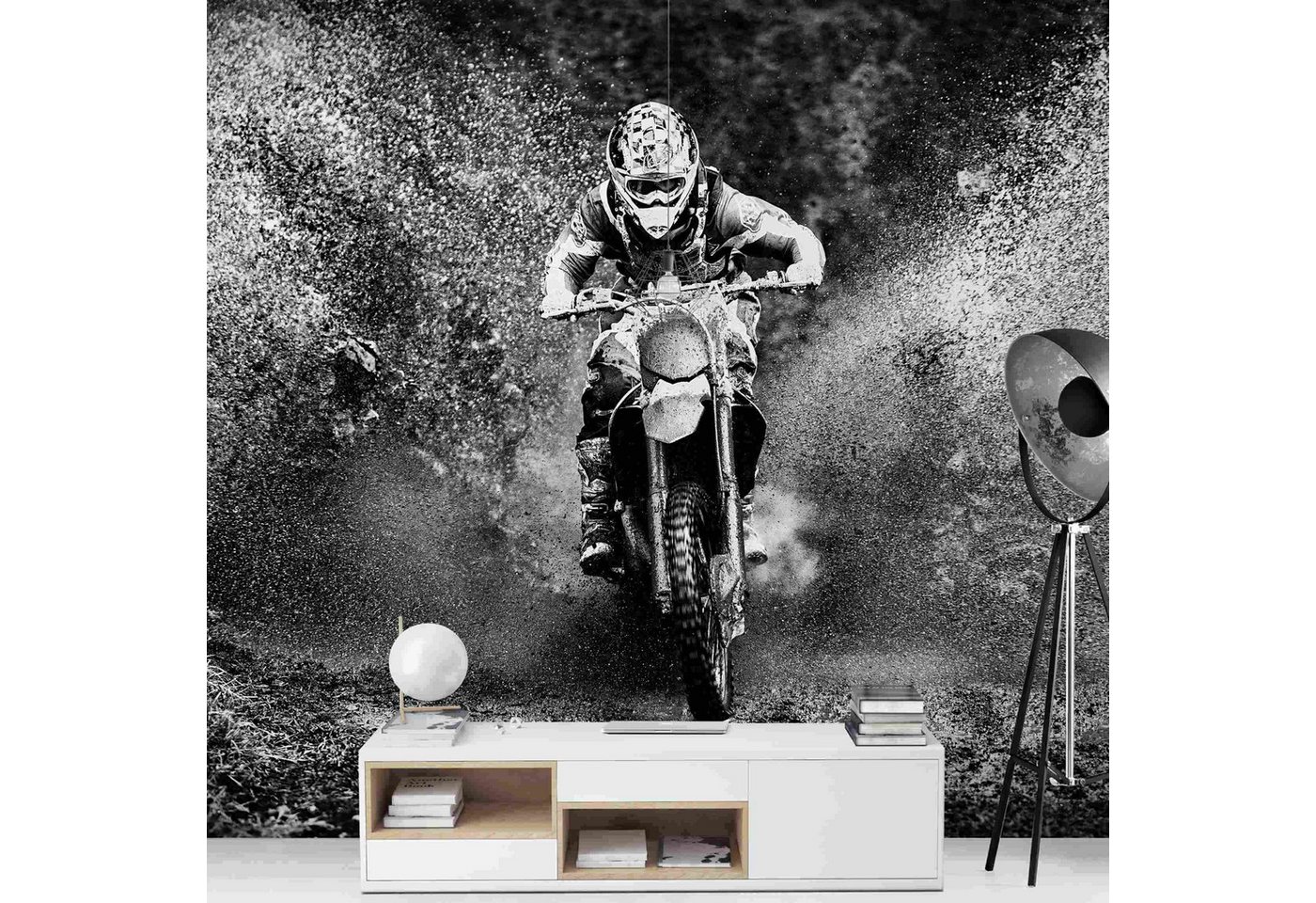 Bilderdepot24 Vliestapete Schwarz-Weiß Motocross Schlamm Motorrad Sport Racing Wanddeko, Glatt, Matt, (Vliestapete inkl. Kleister oder selbstklebend), Jungenzimmer Jugendzimmer Flur Fototapete Motivtapete Wandtapete