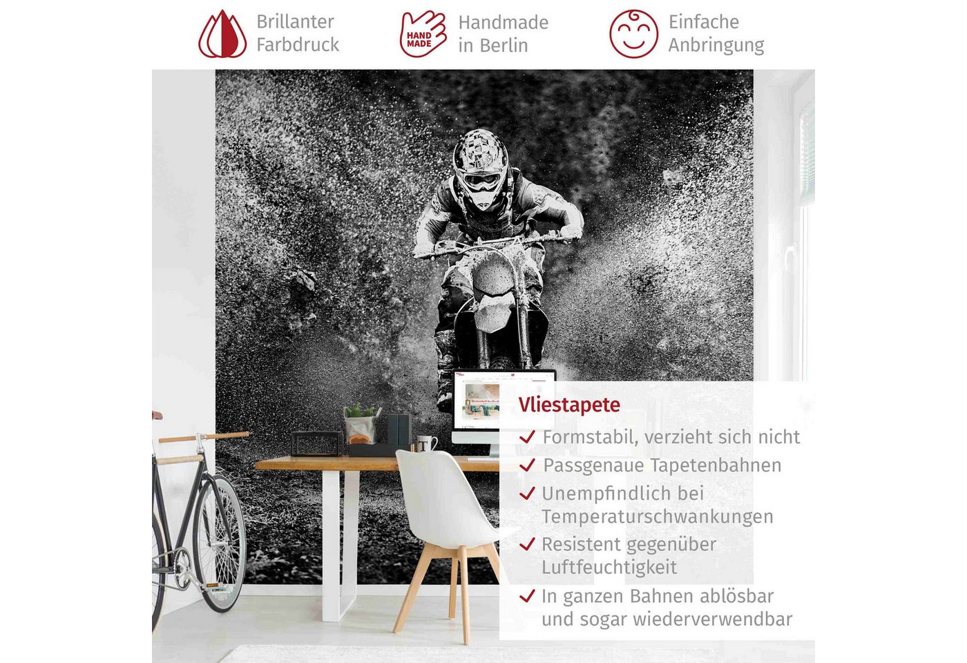 Bilderdepot24 Vliestapete Schwarz-Weiß Motocross Schlamm Motorrad Sport Racing Wanddeko, Glatt, Matt, (Vliestapete inkl. Kleister oder selbstklebend), Jungenzimmer Jugendzimmer Flur Fototapete Motivtapete Wandtapete Bild 3