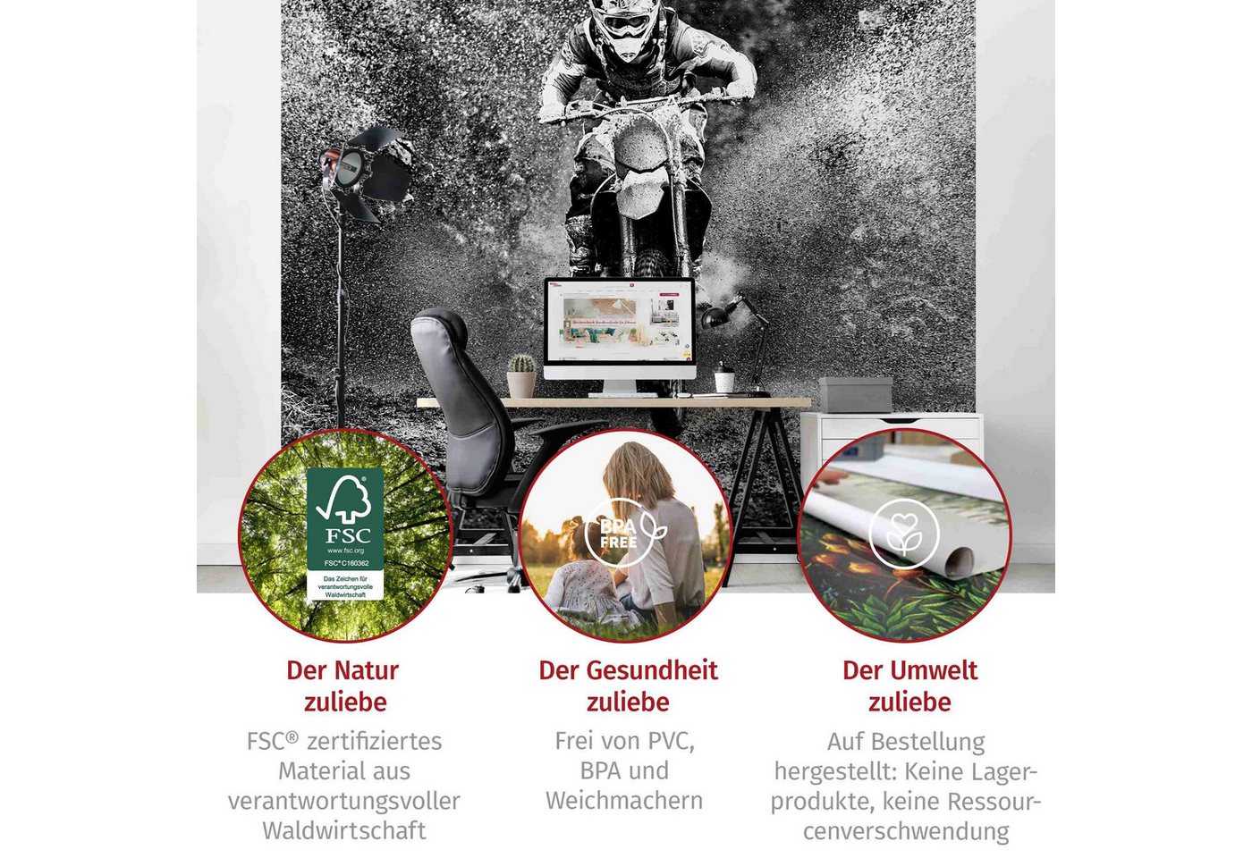Bilderdepot24 Vliestapete Schwarz-Weiß Motocross Schlamm Motorrad Sport Racing Wanddeko, Glatt, Matt, (Vliestapete inkl. Kleister oder selbstklebend), Jungenzimmer Jugendzimmer Flur Fototapete Motivtapete Wandtapete Bild 5