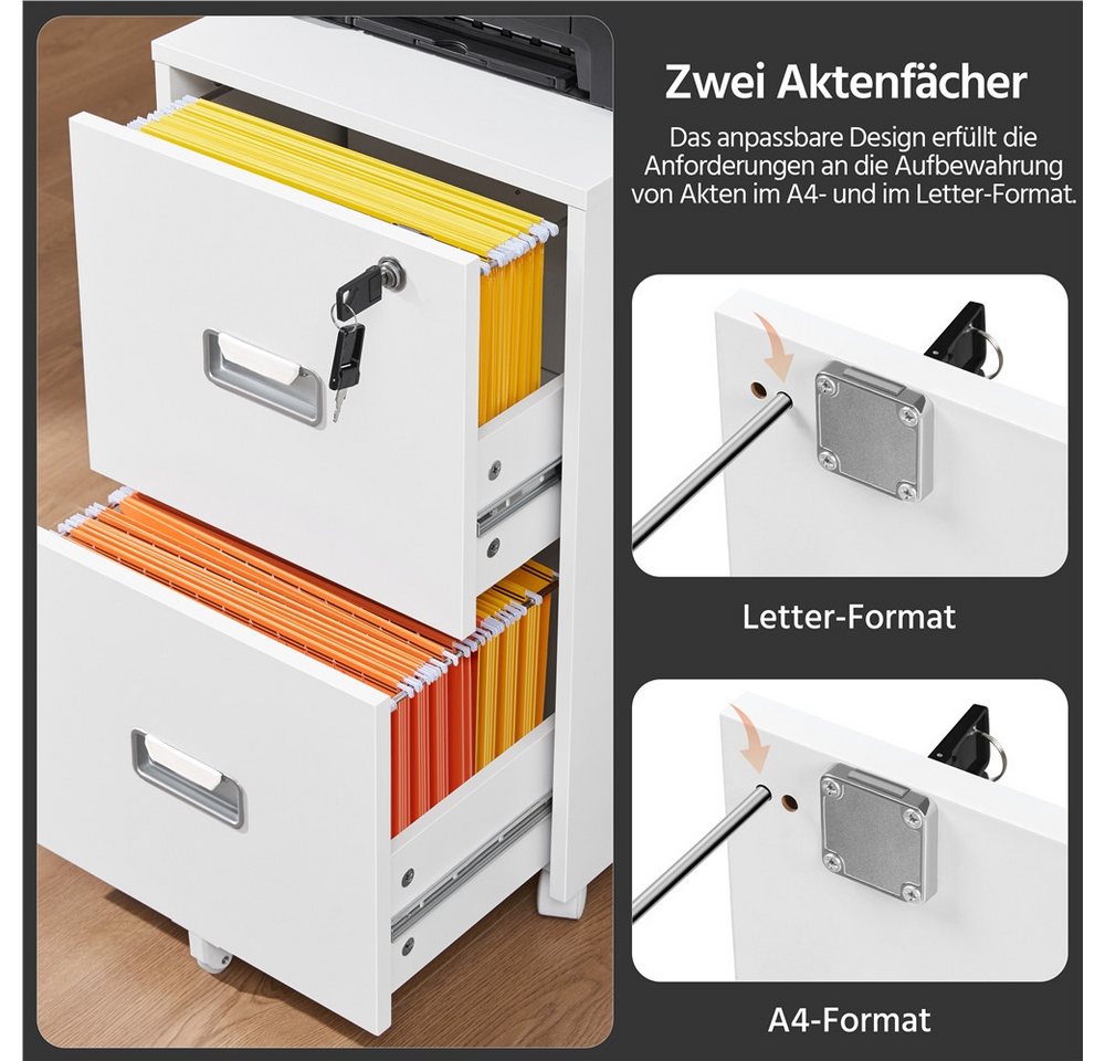 Yaheetech Rollcontainer, Mobiler Aktenschrank mit 2 Schubladen, Hängeregistratur