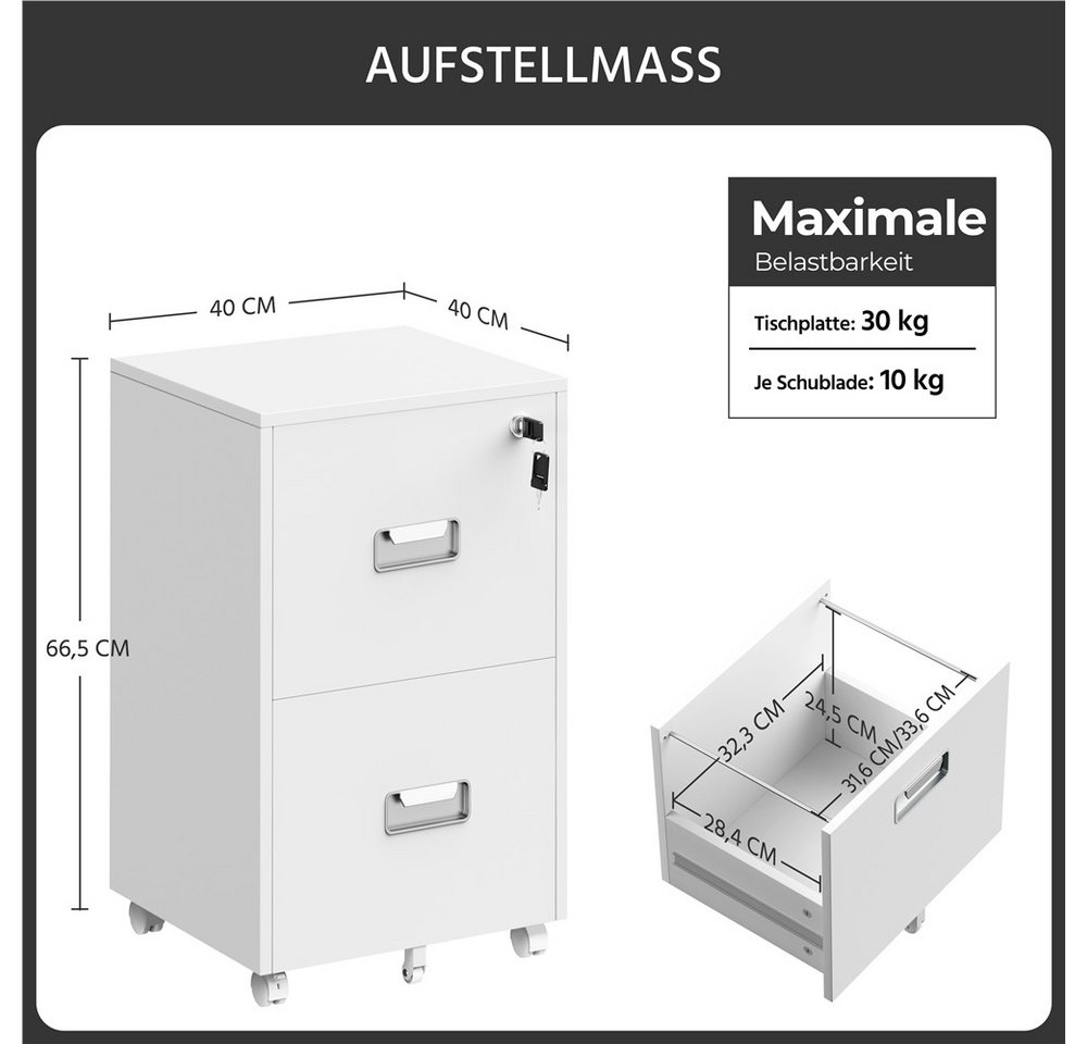 Yaheetech Rollcontainer, Mobiler Aktenschrank mit 2 Schubladen, Hängeregistratur Bild 2
