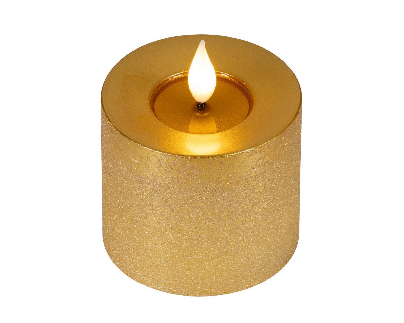 Lumineo LED-Kerze, Timer, warmweiß, LED Kerze 7,5x9,5cm mit Timer Wachs Flacker-Effekt Gold / Warmweiß